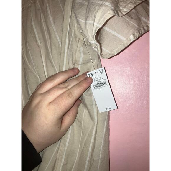 NWT Old Navy Beige Stripe Puff Sleeve Yoke Peasant Top Size Large - Picture 2 of 7